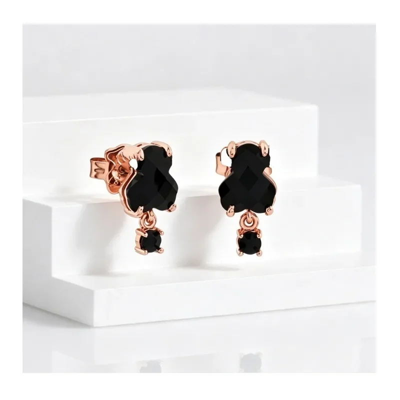 Rose Gold Black Faceted Bear Dangle Stud Earrings Small Black Crystal Drop Cute Animal Earrings For Women Daily Jewelry