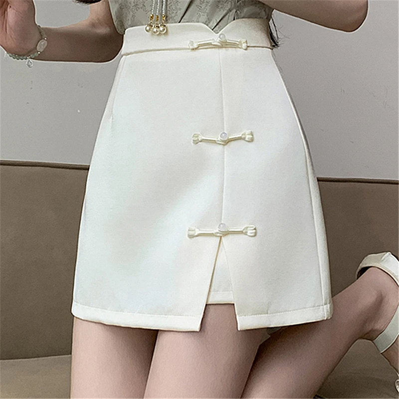 Seoulish-faldas acampanadas de estilo chino para mujer, minifaldas elegantes de cintura alta, Color sólido, informales, para oficina