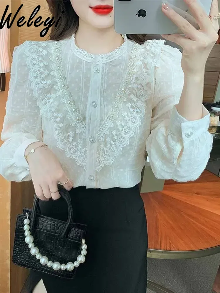 Sweet Ropa Mujer French Retro Poleras Tops Autumn Cute Versatile Niche Beaded Lace Stand Up Collar Long Sleeved Camisas E Blusas