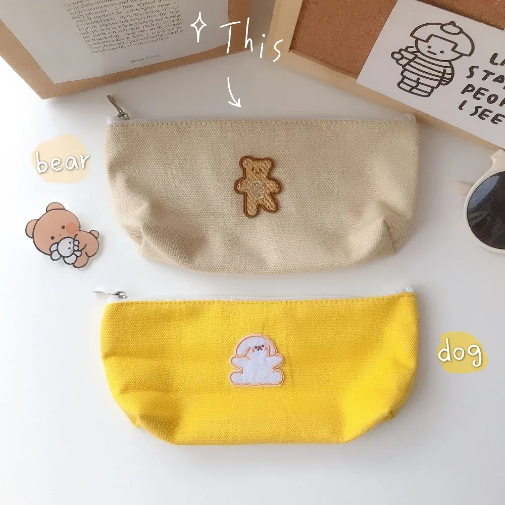 Imagem -03 - Bolsas de Lápis de Urso Marrom dos Desenhos Animados Lona Simples Bolsa de Papelaria Portátil Pequeno Estudante