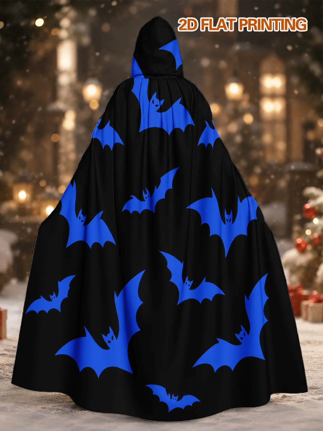 Customization 1pc, Halloween And Christmas Themed Hooded Robe With Blue Bats On Black Elements, Durable Polyester Cape For Adult