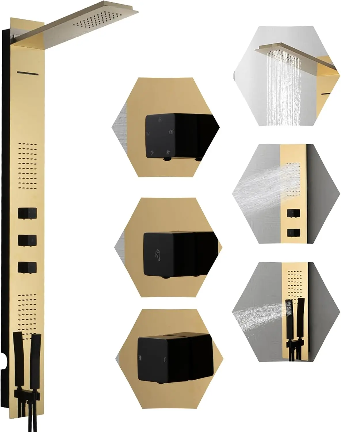 Bwe Brushed Gold Shower Panel Tower System, Multi Function Shower System With Body Jets, Handheld Sprayer, Rainfall Shower Head