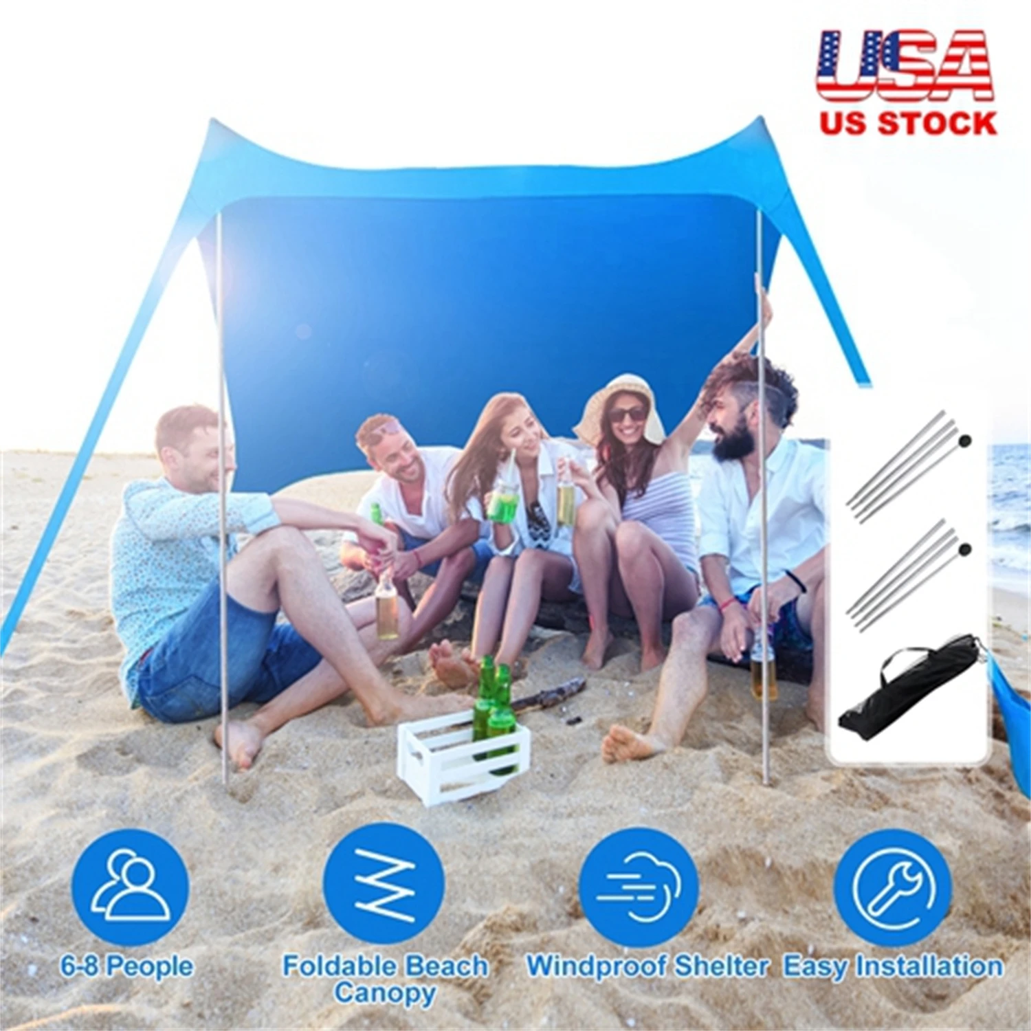 6.5x6.5FT Foldable Beach Canopy Tent Collapsible Shade Sail Sun Protection Windproof Shelter 4 Sandbag 2 Pole Portable Storage B