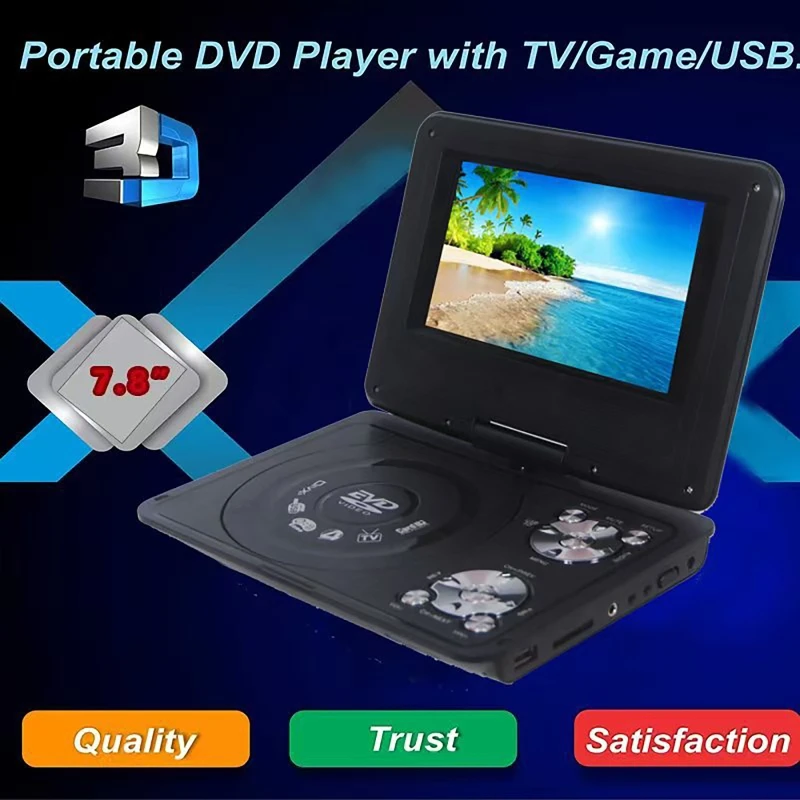 Portable 7.8-inch DVD Player 16:9 Widescreen 270° Rotatable LCD Screen CD Player with Remote Control Game Controller MP3