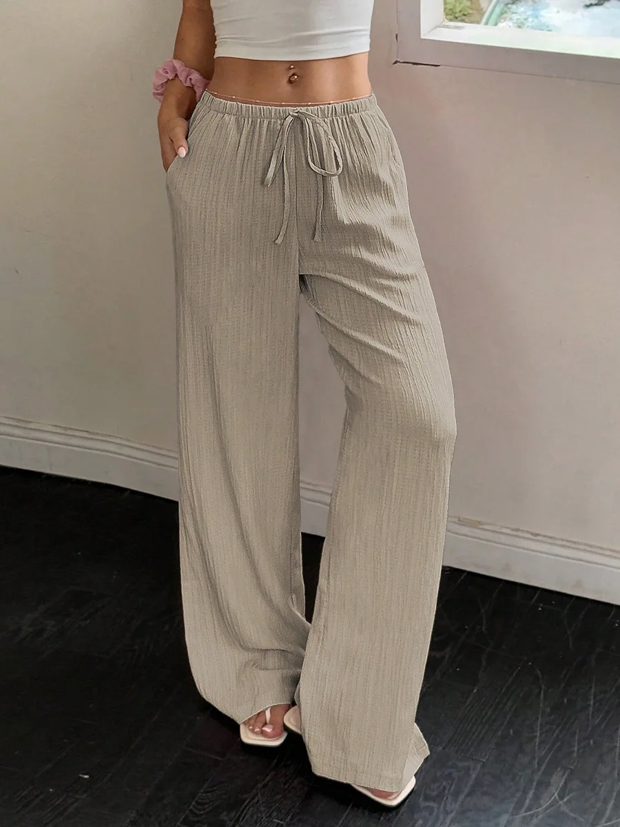 Solid Color Fashionable Women's Trousers Loose Casual Daily Commuting Style Clothes Lace-up Splicing Mid-waist Wide-leg Pants