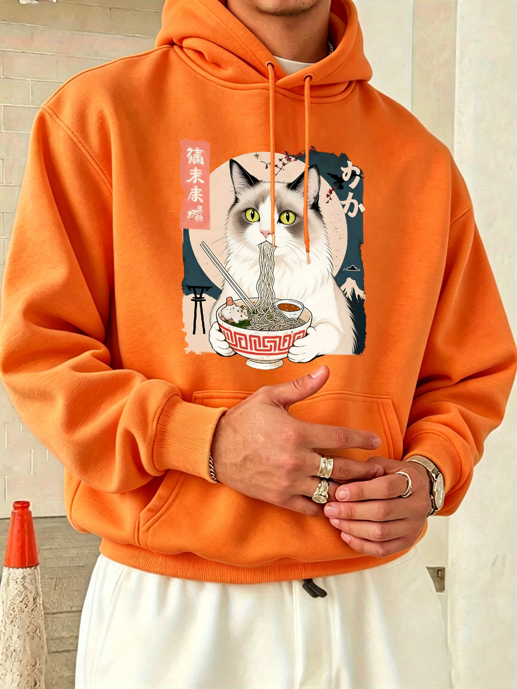 Puppet Cats Who Like To Eat Lamian Noodles Prints Office Hoody Men Fleece Warm Casual Top O-Neck Loose Clothes Soft Long Sleeve