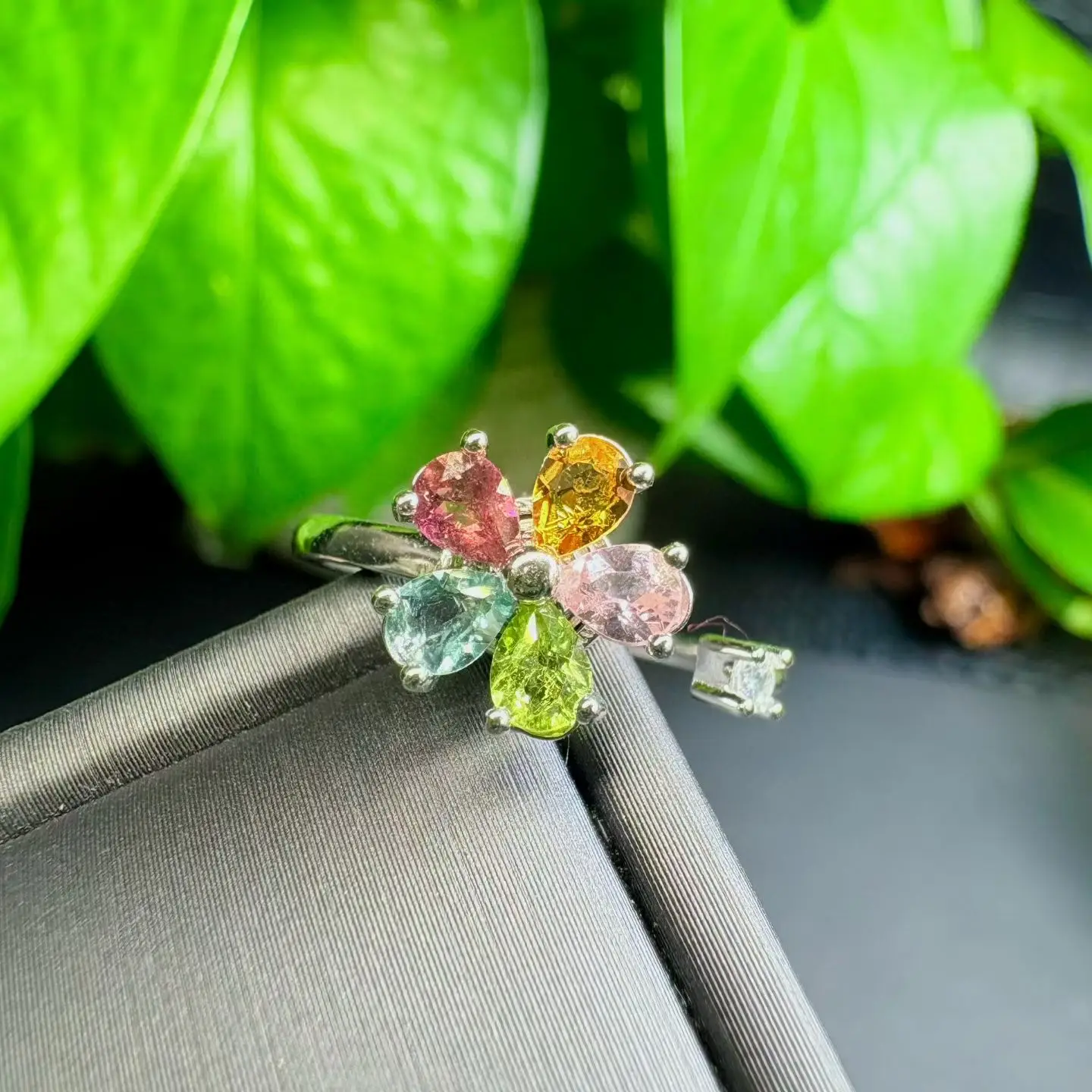 1Pc Fengbaowu Natural Colorful Tourmaline Flower Ring 925 Sterling Silver Resizable Reiki Healing Stone Jewelry Gift Women