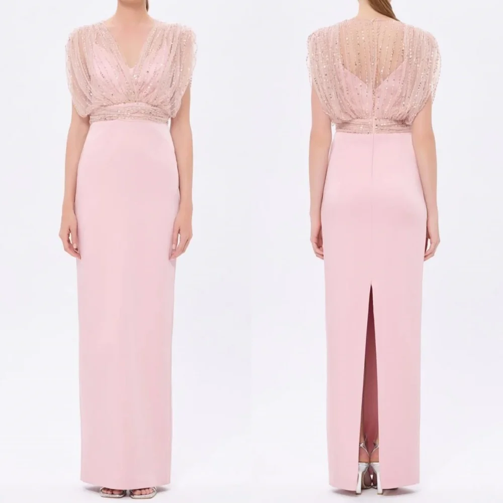 

Customized Fashion Elegant Jersey Sequined Pleat Straight V-neck Long Dresses Bespoke Occasion Matching