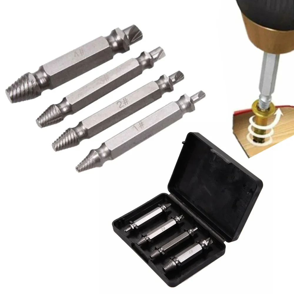 4PC Damaged Screw Extractor Drill Bits Double-Headed Damaged Screw Extractor Set Bolt Bits Guide Tool Remover Tools