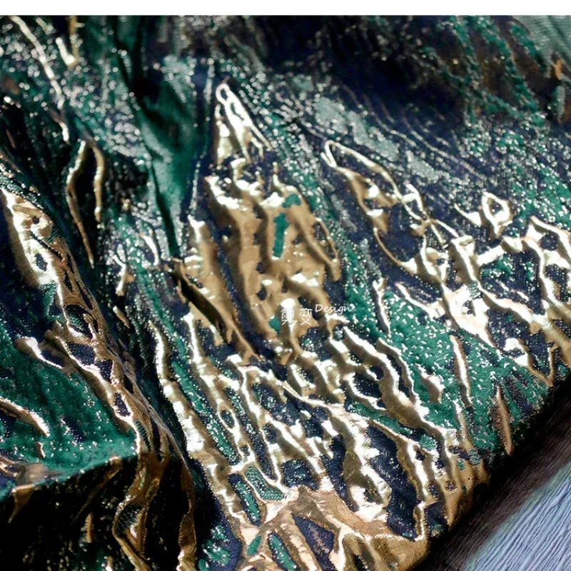 Retro Dark Green 3D Texture Gold Striped Jacquard Fabric Embossed High-end Curtains Han Clothing Designer Fabrics for DIY Sewing