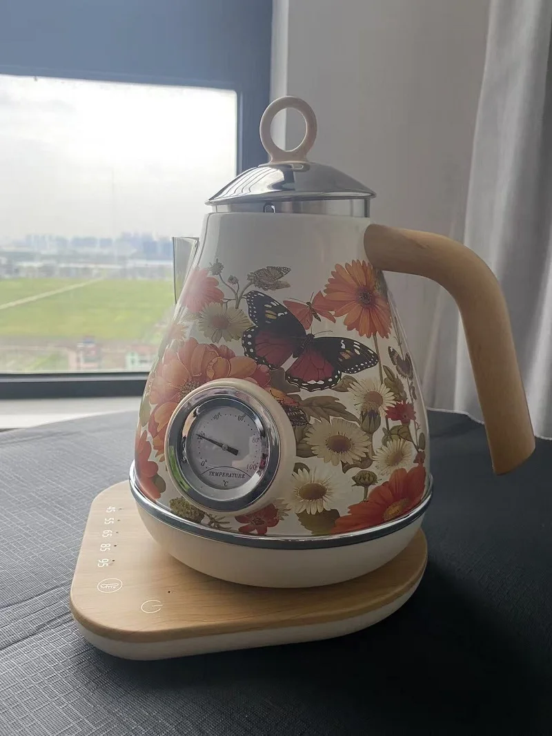1.7L Retro Paint Decal Electric Kettle Wood Grain Handle 304 Stainless Steel Temperature Control Teapot Auto Keep Warm Kettle