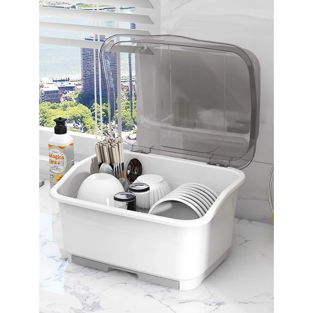 Dishes and chopsticks storage box with lid dustproof kitchen cupboard household small dish storage rack drain bowl rack storage