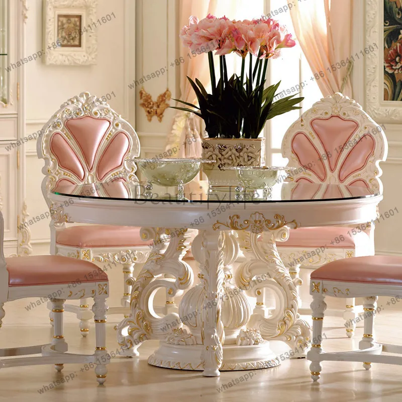 French Court High-end Dining Table Furniture European Ivory White Round Dining Table and Chairs Combination