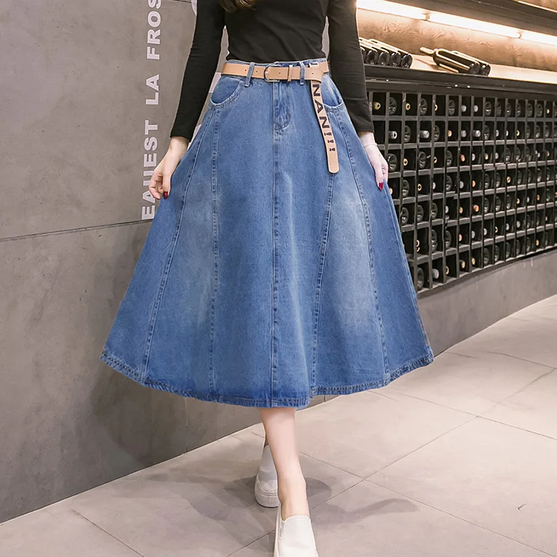 

New Women Summer Long Denim Skirt Fashion High Waist A-Line Plus Size Loose Skirt Simplicity Casual Blue Mid-Calf Skirt