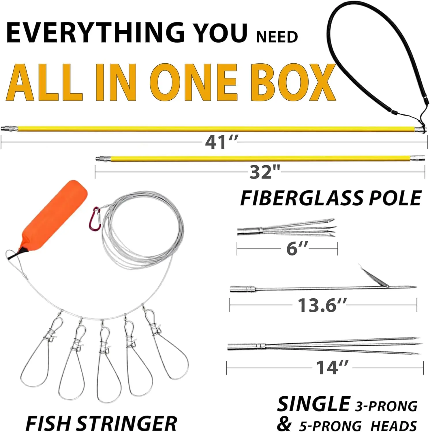 

6 ft Pole Spear for Spearfishing – Sling Harpoon Kit with Fiberglass Shaft, Single Tip, 3-Prong, 5-Prong Heads & Fish Stringer