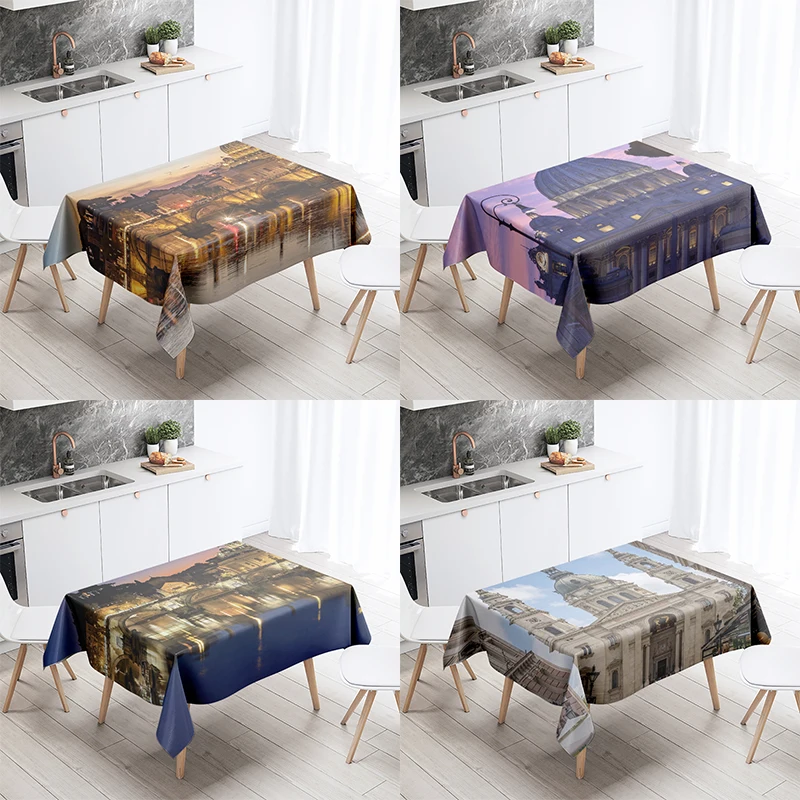 Church Building Tablecloth Anti-Stain Waterproof Rectangular Kitchen Dining Table Home Decor