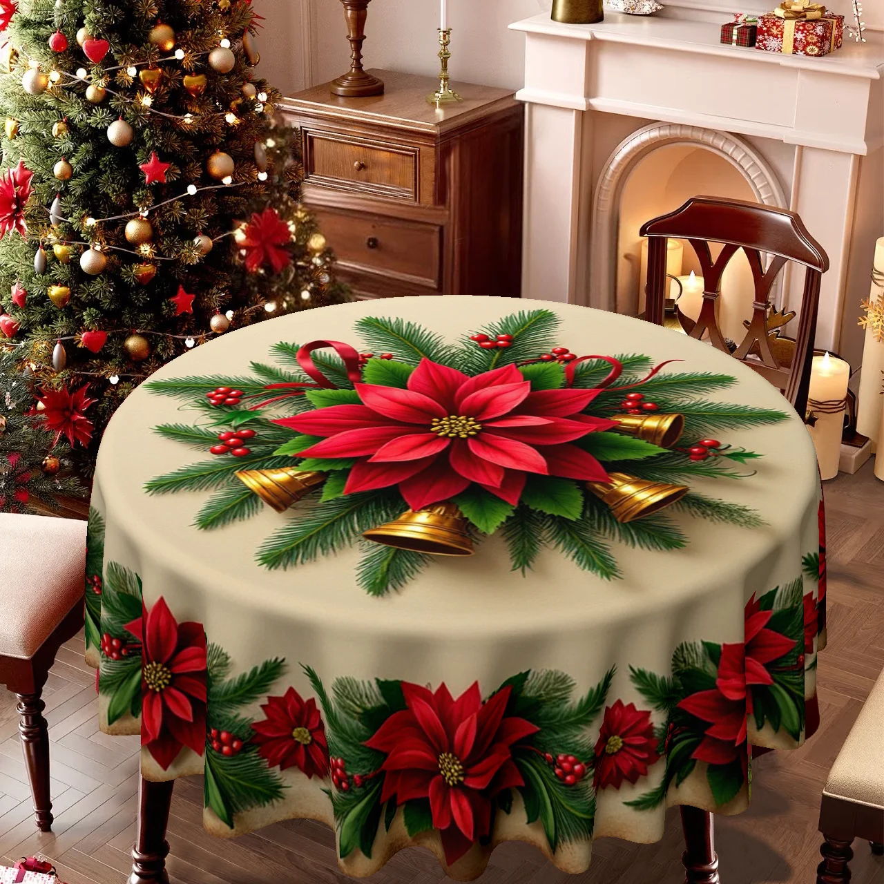 Round tablecloth for Christmas and Easter, poinsettia bell-themed table cover with festive poinsettia and bell print