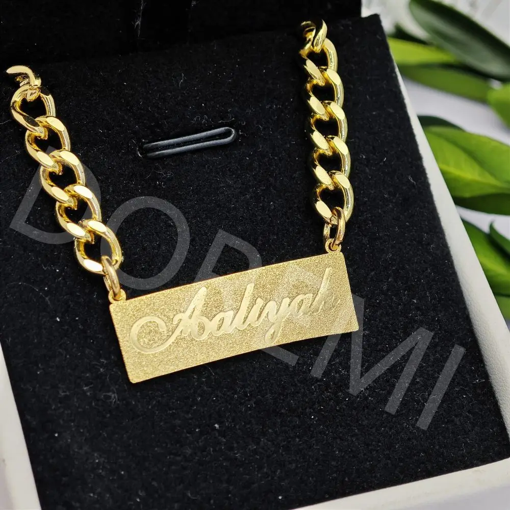 

DOREMI 5MM Cuban Chain Custom Name Matte Necklace Personalized Gift Jewelry Thick Chain Curved Script Custom Name Necklace