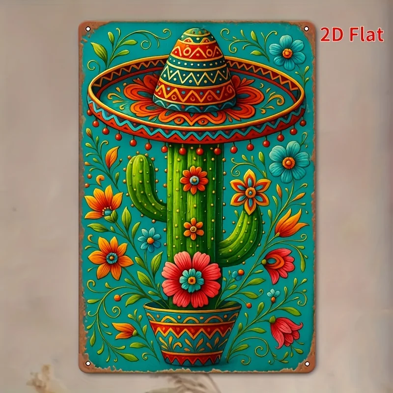 Mexican Sombrero & Cactus Design, Rustic Metal Wall Art for Home, Bar, Cafe, Garage, Farmhouse, Cinco de Mayo