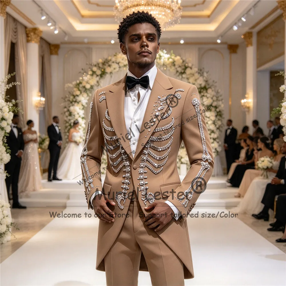 Hand Work Men Suits Long Customized Sparkly Beaded Stones Jacket Trousers 2 Pieces Sets Man Red Carpet Party Tuxedo Ropa Hombre