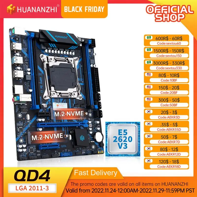 

New HUANANZHI QD4 LGA 2011-3 Motherboard with Intel XEON E5 2620 V3 DDR4 RECC NON-ECC Memory Combo Kit Set NVME USB 3.0