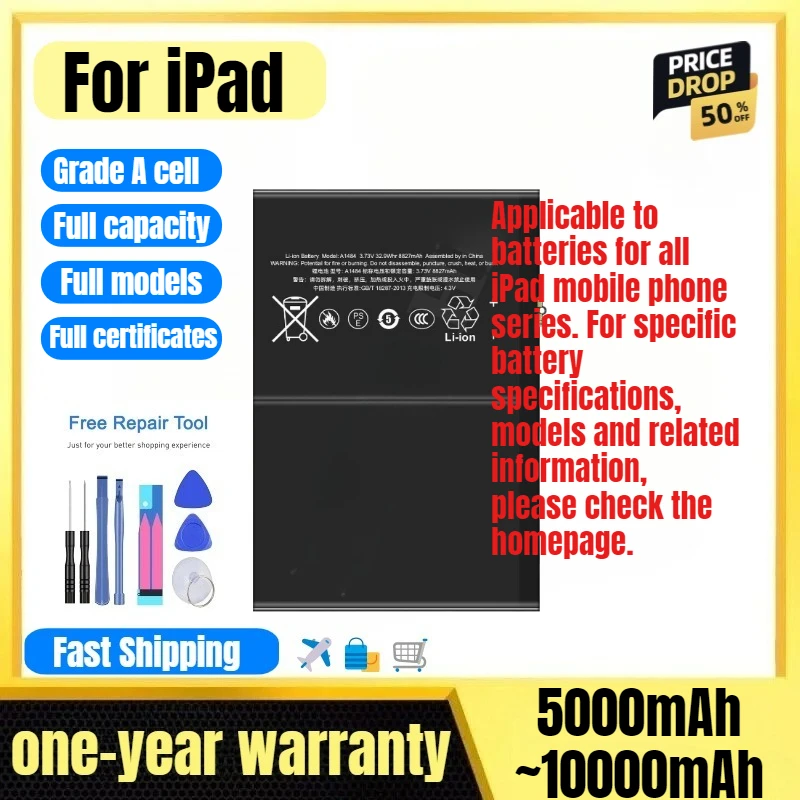 

Battery for IPAD 1/2/3/4/5/6/7/8/9/10/IPAD Mini 1/2/3/4/5/6/IPAD Pro 9/10/11/12 High Quality High Capacity Replacement Bateria
