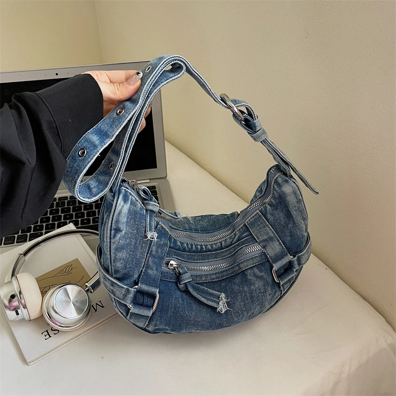 Trendy Women's Denim Shoulder Bag Crossbody Purse Vintage Casual Small Handbag Lightweight Luxury Design Retro Phone Bag Fashion