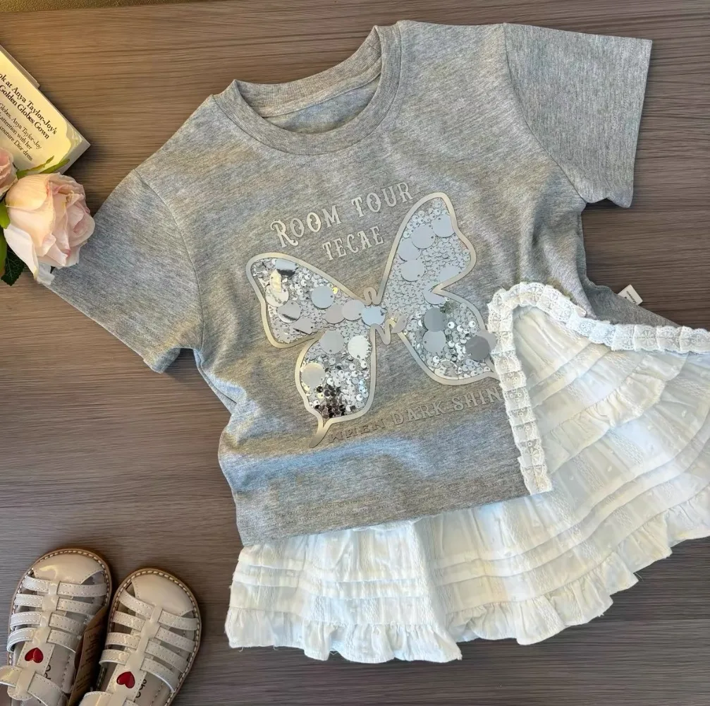 

2025 new stylish sequined butterfly short-sleeve children's fashion half-skirt, a two-piece set for baby girls