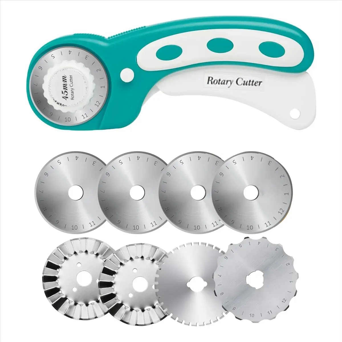 AA83 45mm Rotary Cutter for Fabric with 8Pcs Rotary Blades, Rolling Fabric Cutter Crochet Edge Skip Blade Perforating
