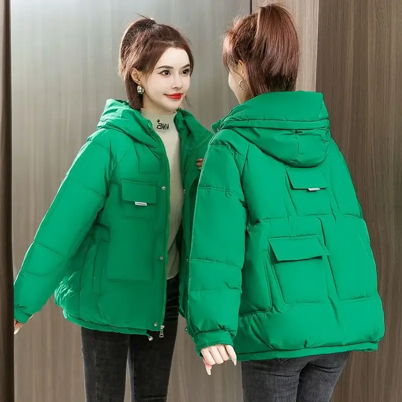 Short Padded Green Cotton Jackets Hoodie Coats for Women Quilted Thick Demi-season Great Cold New in Outerwears Hot Parkas Woman