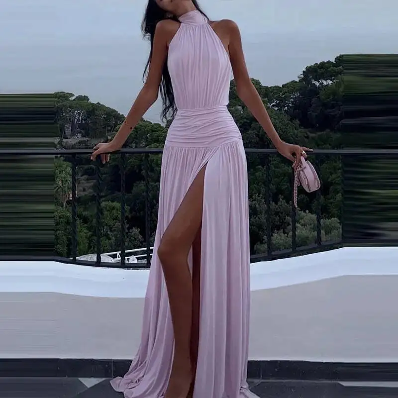 

Elegant Halter Backless Solid Long Party Fashion Hight Waist Hollow Split Sexy Sleeveless Draped Slim Women S Dress