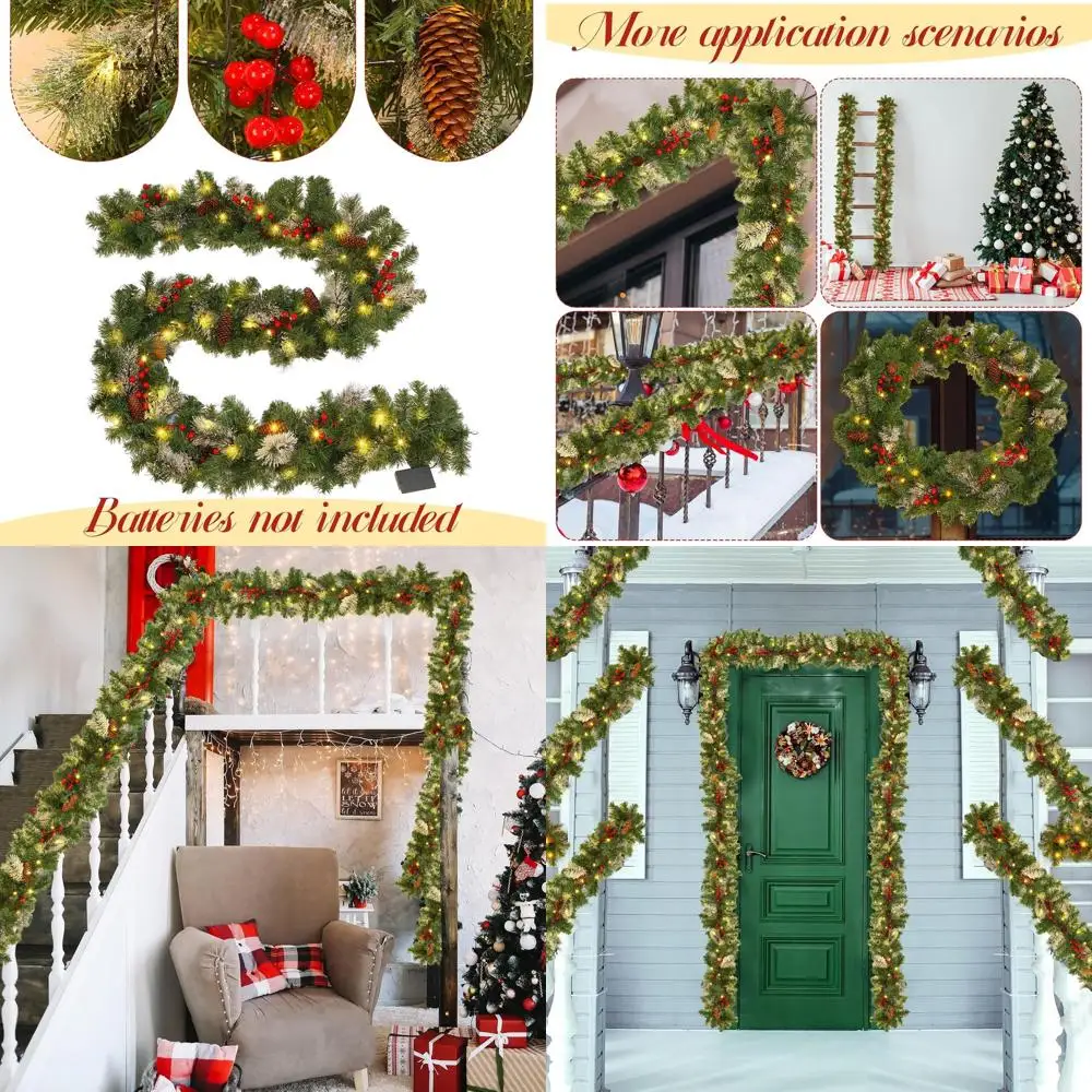 

Предлютительная 9-футовая рождественская гирлянда с сосновыми шишками и красными ягодами для домашнего декора в помещении и на открытом воздухе