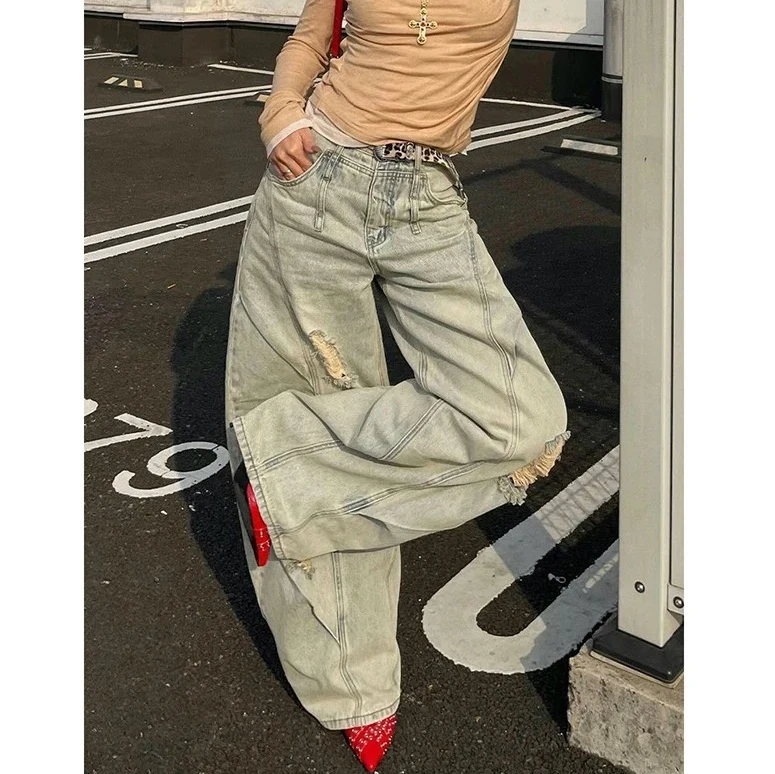 Y2k Baggy Ripped Jeans Harajuku Vintage Denim Hose Japanischer 2000er Jahre Stil Grunge Damen Blue Jeans Hose