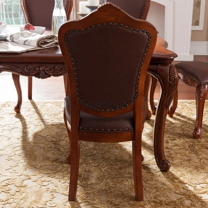 American Style Solid Wood Dining Chair Genuine Leather Simple Economical Small Apartment Backrest