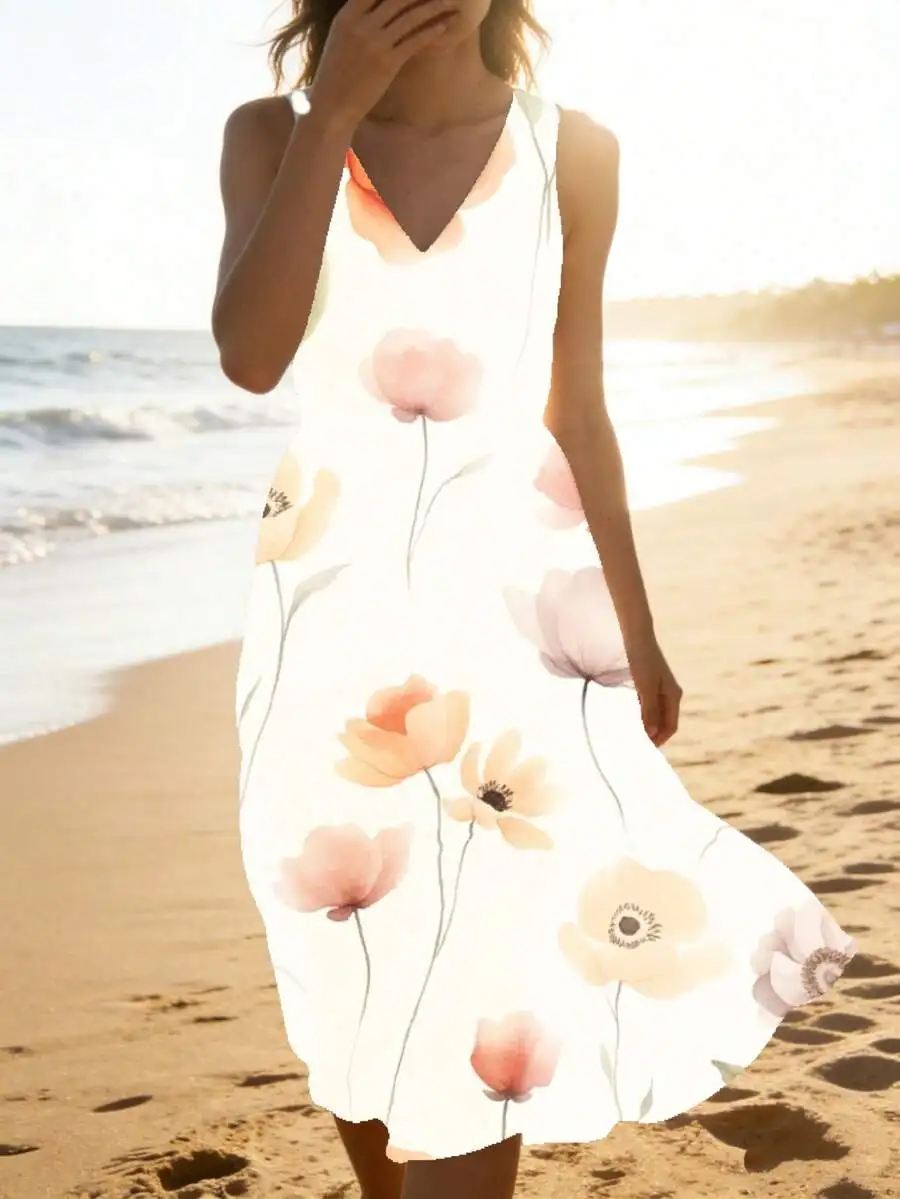 

V Neck Sleeveless Midi Dress White Floral Print Summer Beach Wear