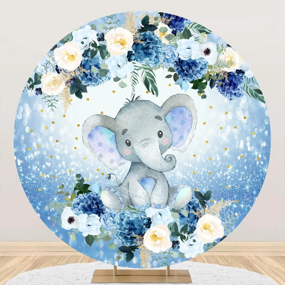 Elephant Baby Shower Round Backdrop Cover Boys Girls 1st Birthday Party Kids Portrait Circle Background for Photography Props