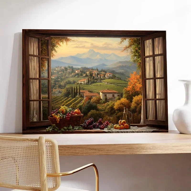 Open Window with Tuscany View Farmhouse Scenery From The Window Canvas Painting Poster Print Home Room Wall Art Frameless