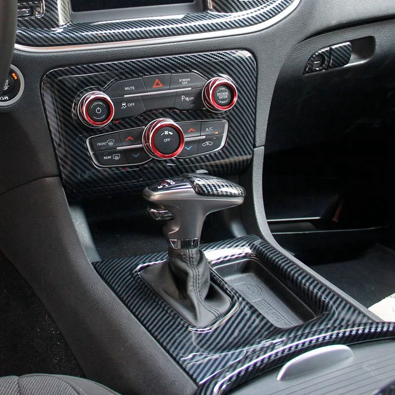 

R1-For Dodge Charger 2015-2022 Central Control AC Gear Shift Cup Holder Headlight Switch Button Panel Cover Trim ABS Carbon