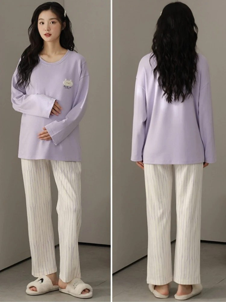 Pure Cotton Maternity Pajama Set Bra Free Nursing Pjs Women Breastfeeding Pregnancy Postpartum Clothes Long Sleeve Top & Pant view 6