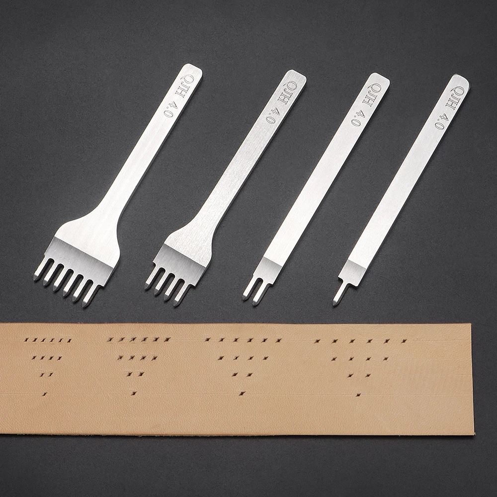 4Pcs Set Diamond Hole Punch Tool-1/2/4/6 Tooth, Spacing 3/4/5/6mm Options for Leather Punching DIY Sewing,Belt Making,Handicraft