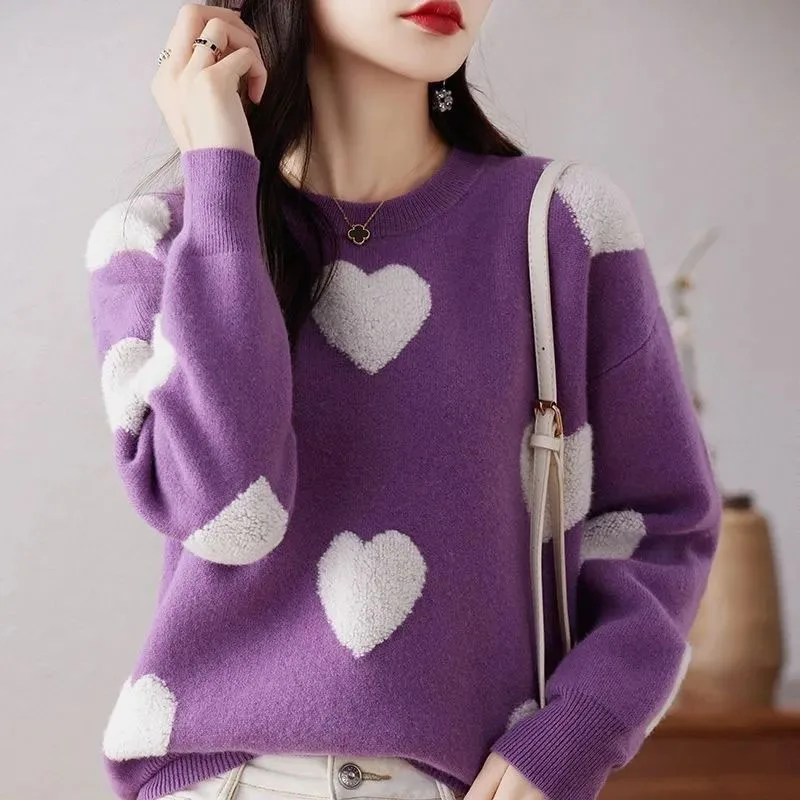 New Autumn and Winter Fashion Lazy Style High Grade Love Colored Collar Loose Versatile Foreigner Women\'s Long Sleeve Sweater