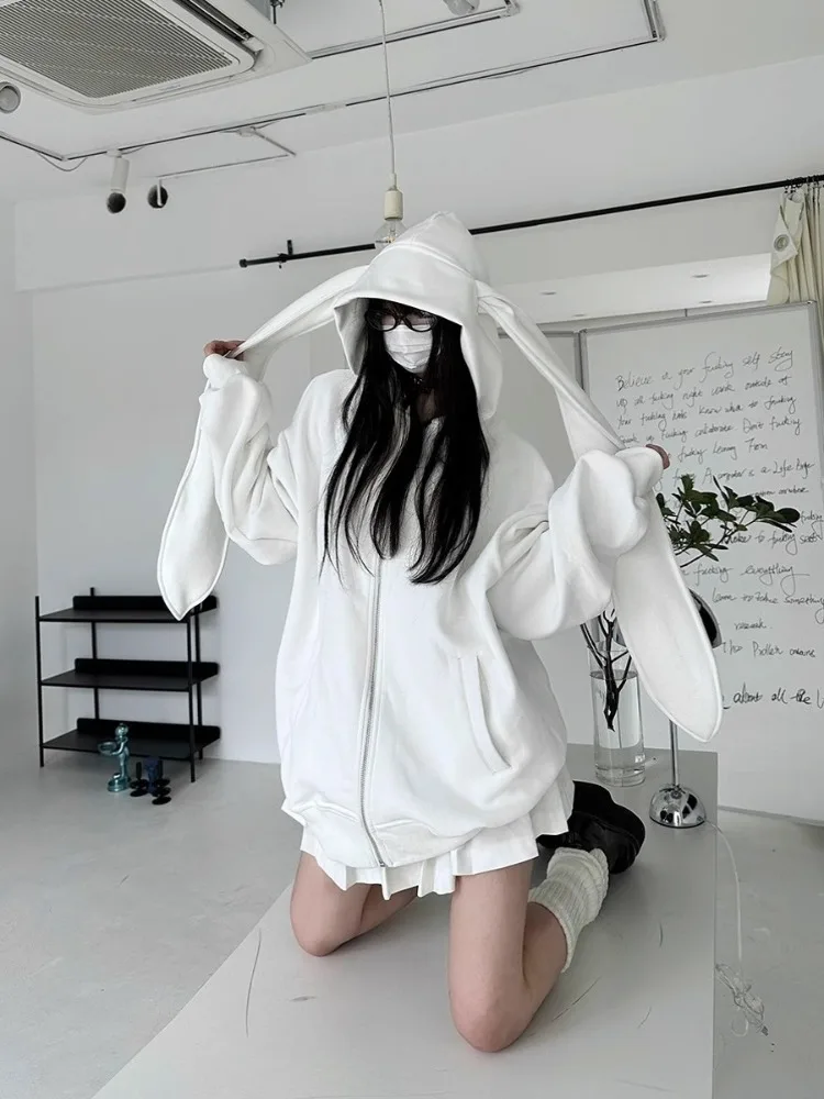 Full Zip Up Rabbit Hoodies Women Streetwear Harajuku Cute Oversized Jacket Preppy Style Y2K Clothes Sweatshirts Ropa Mujer