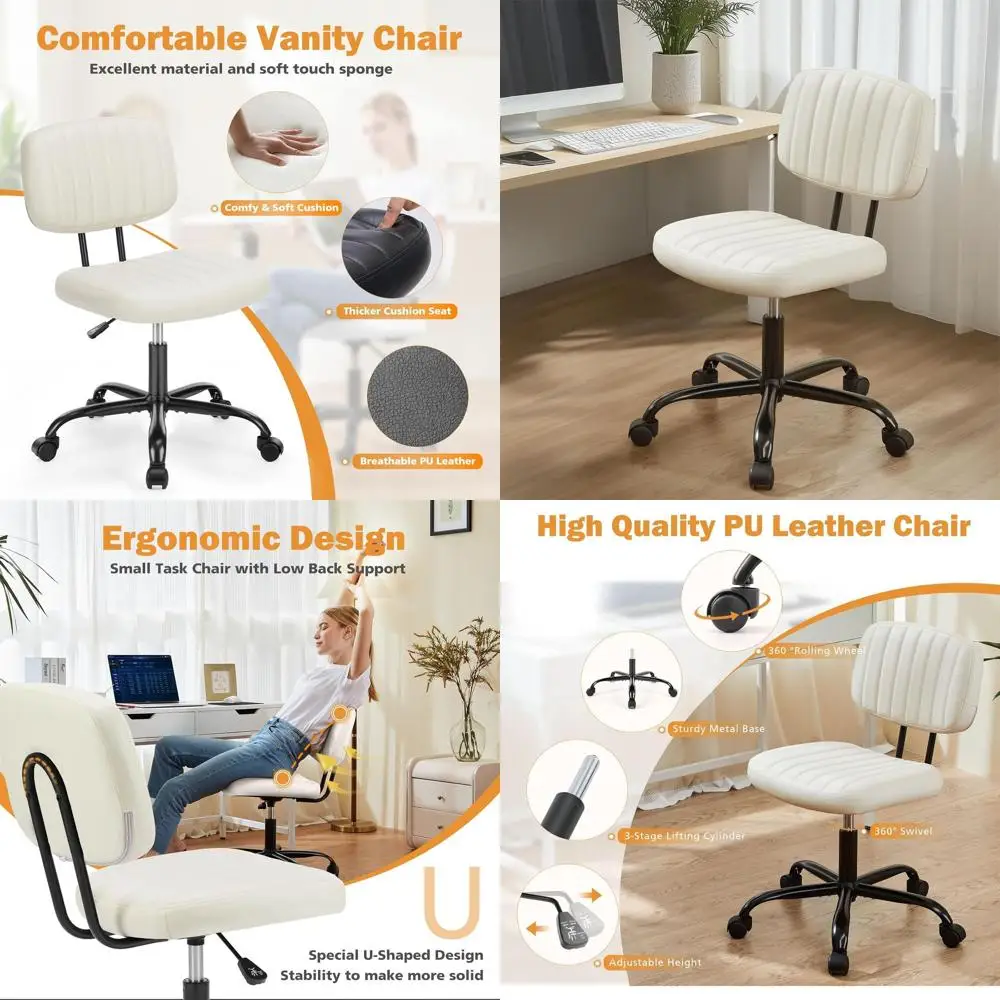 

Leather Desk Chair with Lumbar Support, Adjustable Height, Swivel, Suitable for Home, Office, and Study, Beige White