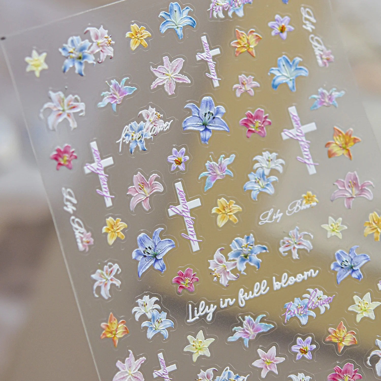 Elegant Floral 5D Embossed Nail Stickers Blooming Colorful Lily Flower Simple Cross Lines Pattern Self Adhesive Nail Art Decals