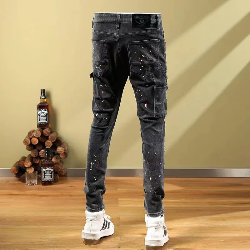 EH·MD® Splatted Ink Men's Scraped Jeans Stickers With Micro-Channel Embroidery Small Leg Trousers Painted Cotton Red Denim Soft2