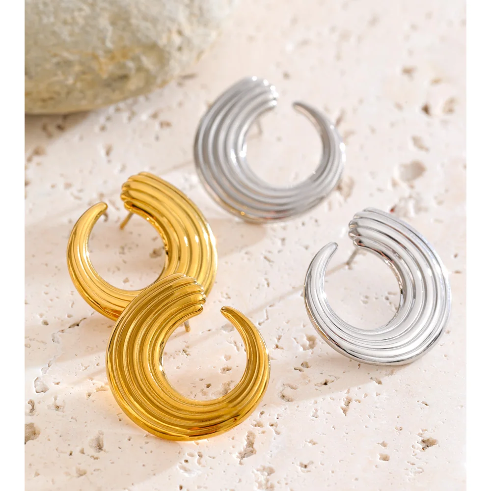 Yhpup Stainless Steel Geometric Stripe Hollow Stud Earrings for All Occasions Anti Allergic Metal Simple Daily Modern Jewelry
