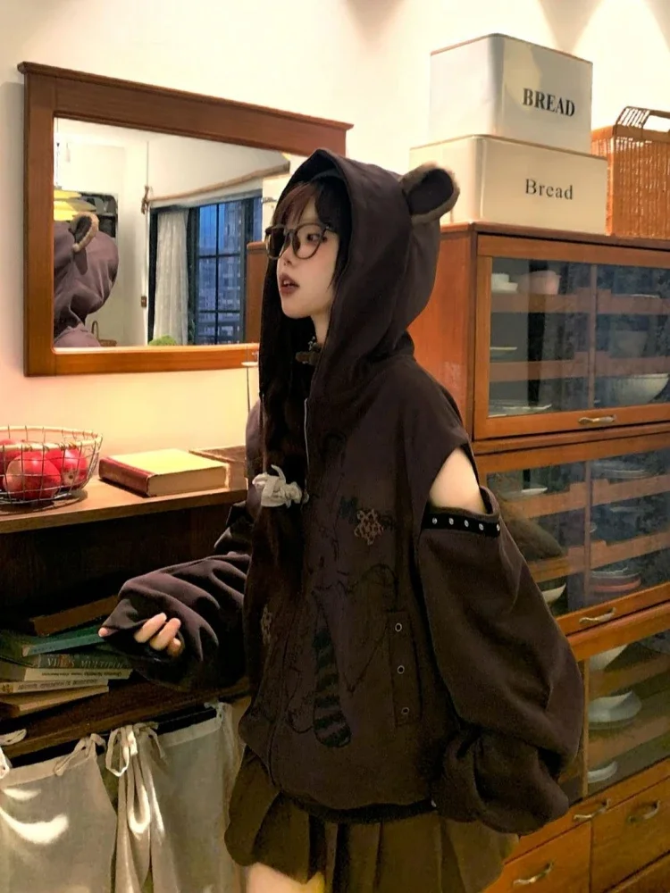 الكرتون الطباعة Kawaii الدب آذان هوديس النساء Y2k الجمالية فضفاض جيب معاطف الخريف Preppy نمط الجرونج سستة بلوزات