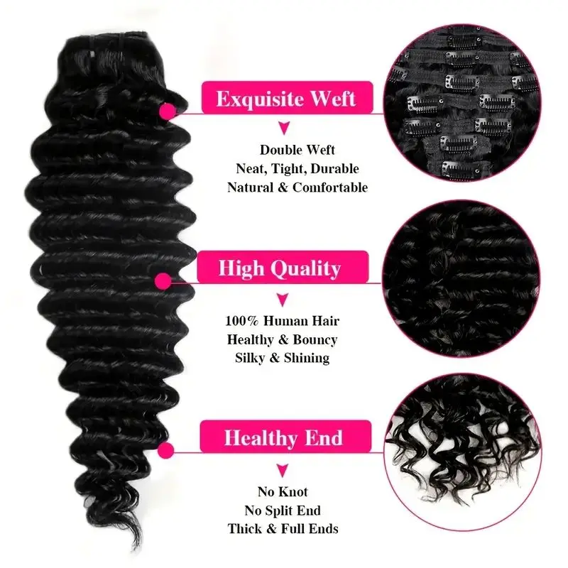 Deep Wave Clip ins Human Hair Extensions for Women 8Pcs Cuticle Aligned Real Hair Curly Thick to Ends with 120g/set 18 Clips