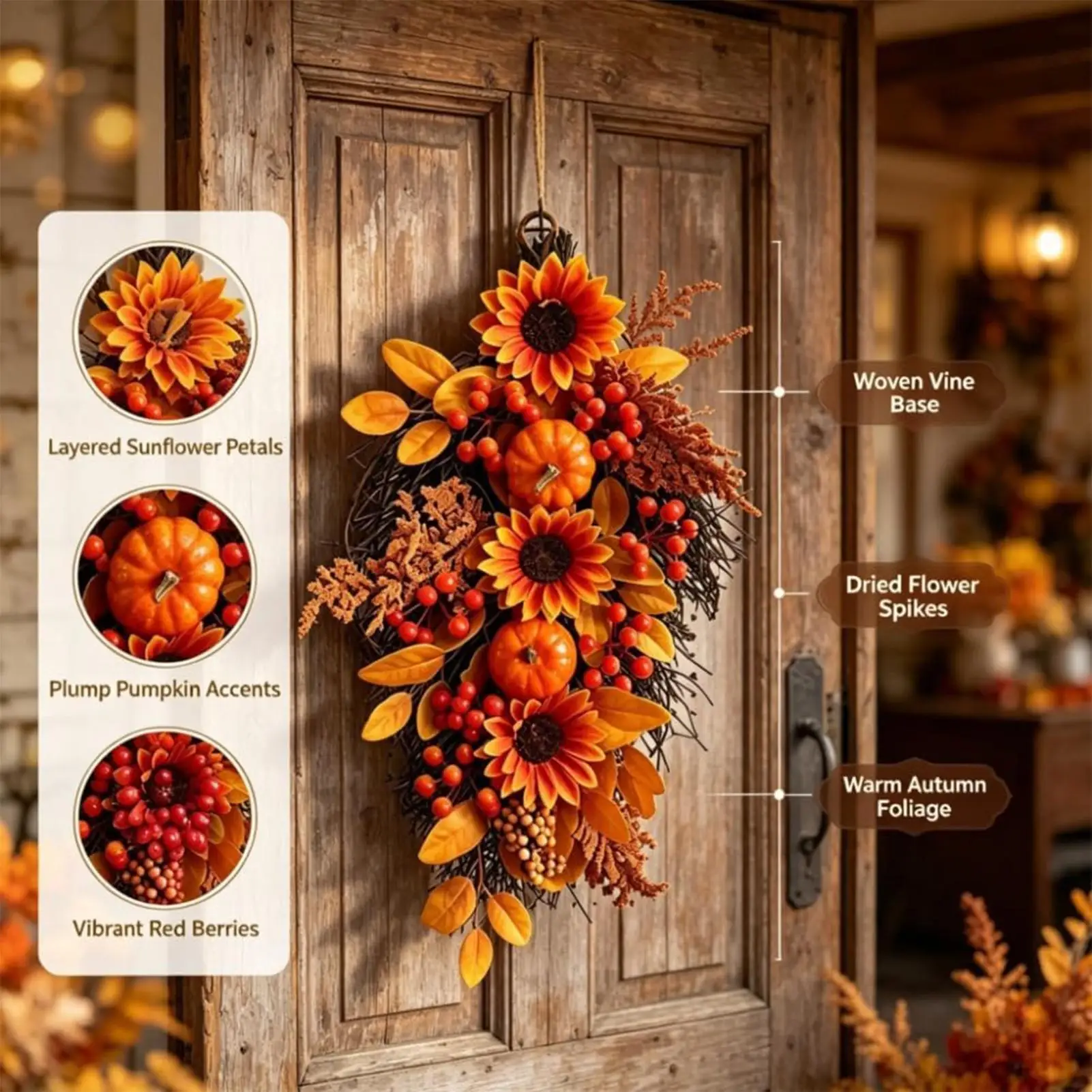 21 Inch Autumn Harvest Teardrop Wreath Artificial Sunflower Pumpkin Berries Thanksgiving Wall Decor Fall Harvest Door Swag Decor