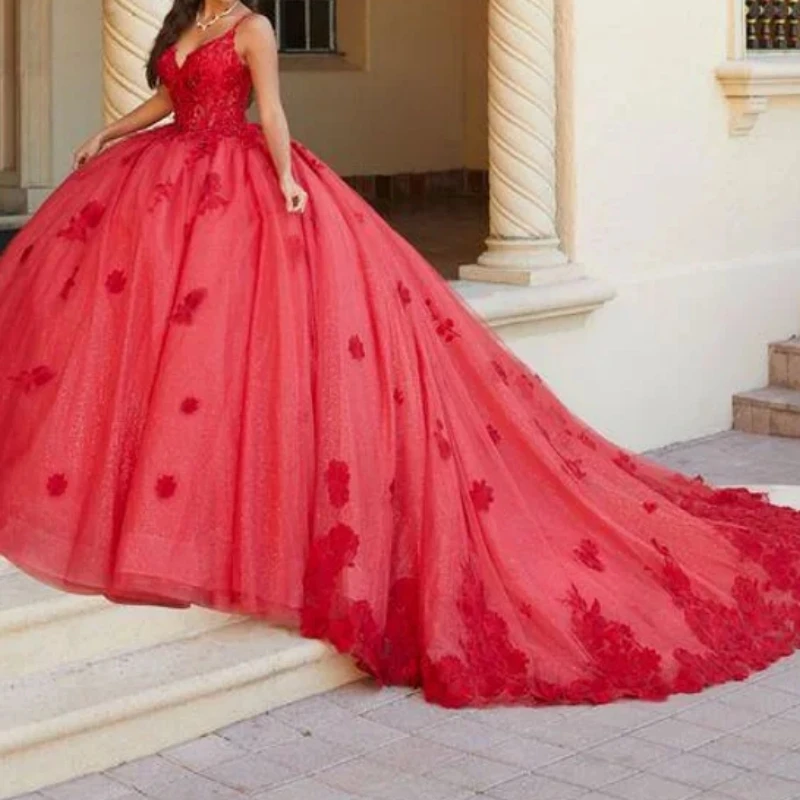 

AQ242 Customized Mexican Red Women Prom Special Occasion Dress V Neck Lace Applique Ball Gown Quinceanera Dresses 15 14 Girl New